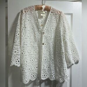 New Bedford Fair white embroidered 2-button sheer cardigan. Size XL $14